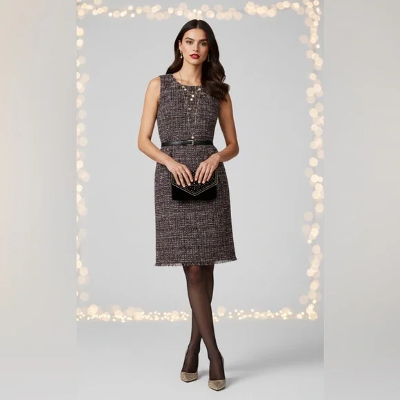 Dark Academia Dress Sleeveless Multitone Tweed Holiday Office Wear - Picture 13 of 14